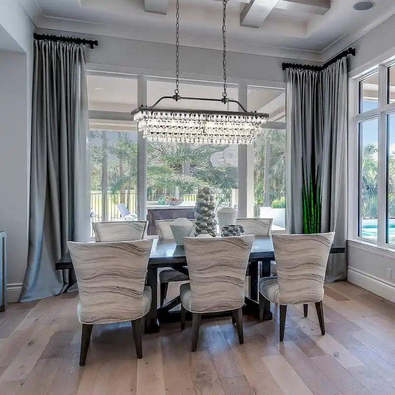 Luminaire suspendu rectangulaire antique noir à 6 lumières pour îlot de cuisine, avec cristaux.