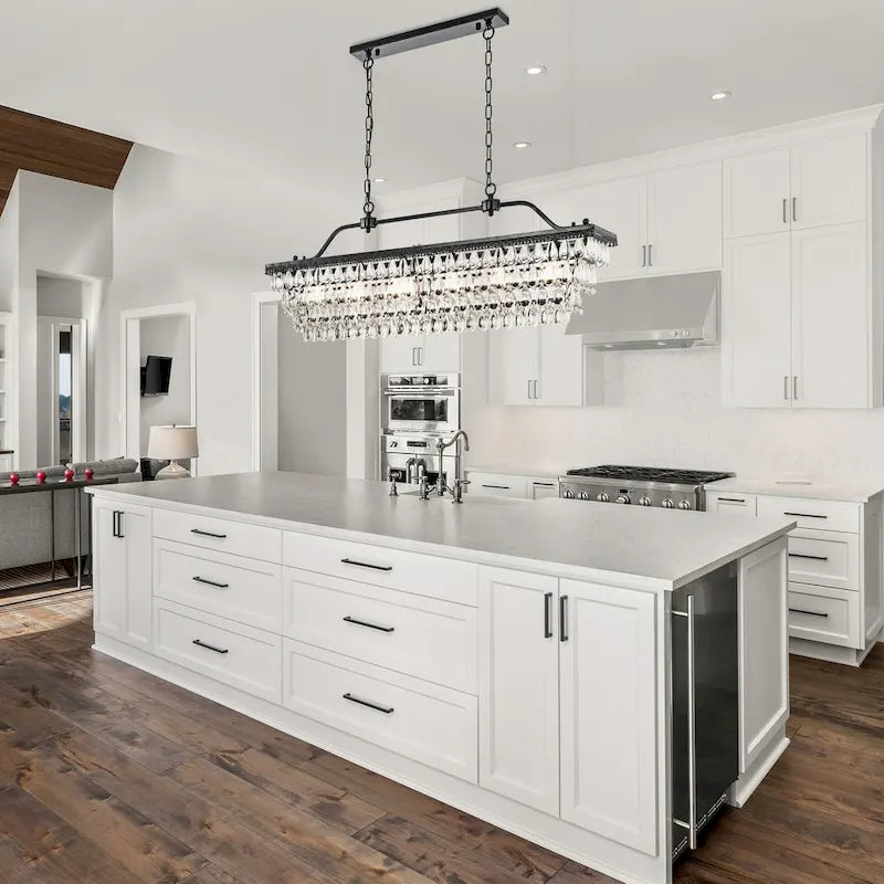 Luminaire suspendu rectangulaire antique noir à 6 lumières pour îlot de cuisine, avec cristaux.