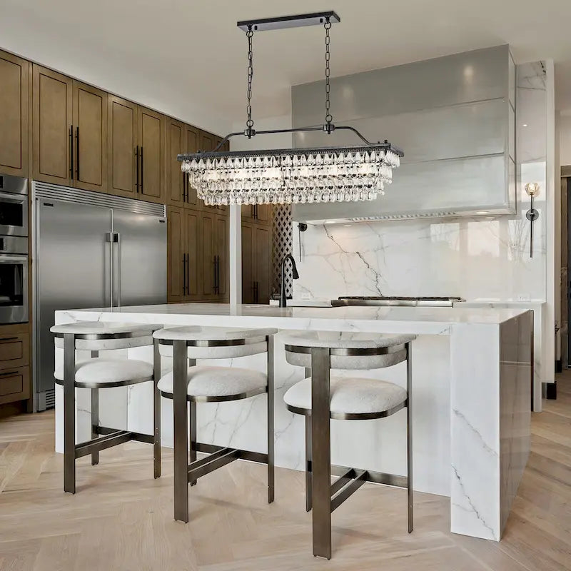 Luminaire suspendu rectangulaire antique noir à 6 lumières pour îlot de cuisine, avec cristaux.