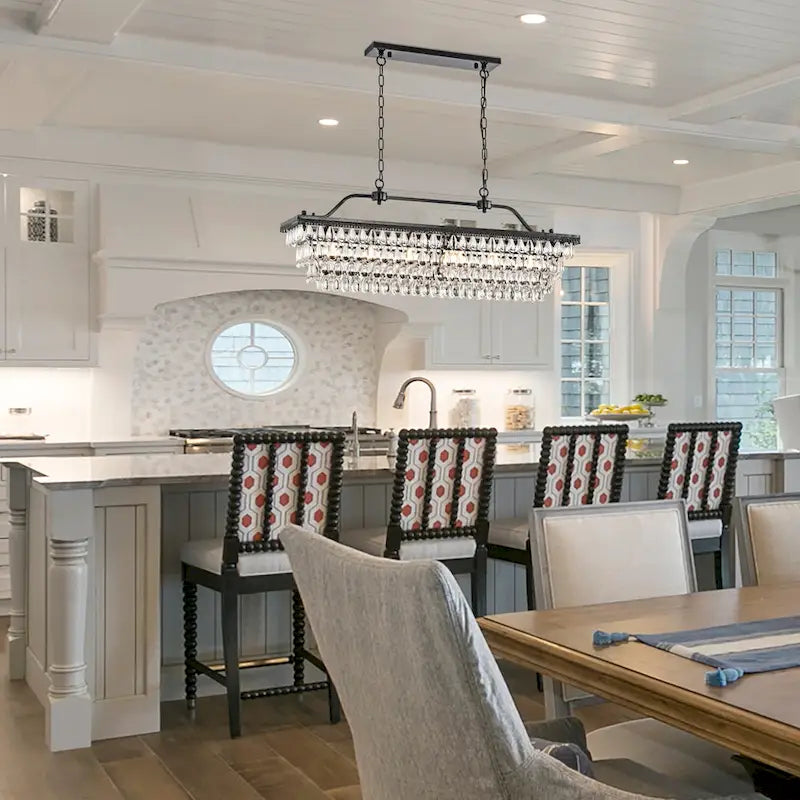 Luminaire suspendu rectangulaire antique noir à 6 lumières pour îlot de cuisine, avec cristaux.