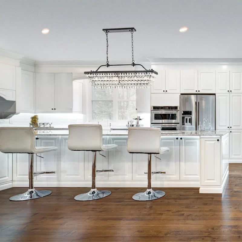 Luminaire suspendu rectangulaire antique noir à 6 lumières pour îlot de cuisine, avec cristaux.