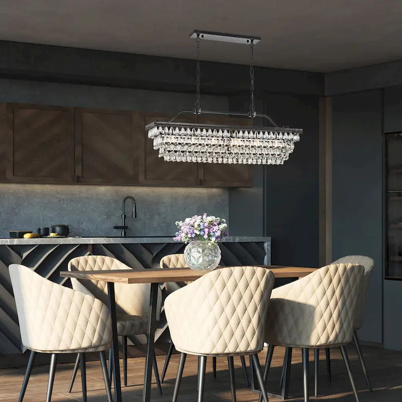 Luminaire suspendu rectangulaire antique noir à 6 lumières pour îlot de cuisine, avec cristaux.