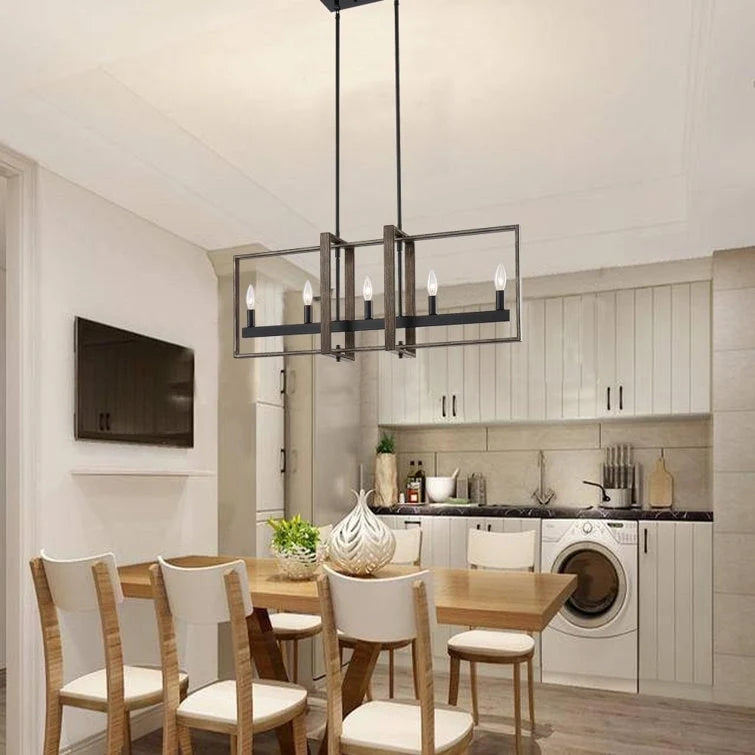 Lustre géométrique linéaire à 5 lumières en bois, style ferme, pour salle à manger - 86 cm (34 pouces)