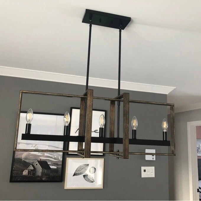Lustre géométrique linéaire à 5 lumières en bois, style ferme, pour salle à manger - 86 cm (34 pouces)
