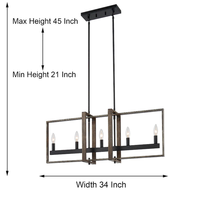 Lustre géométrique linéaire à 5 lumières en bois, style ferme, pour salle à manger - 86 cm (34 pouces)