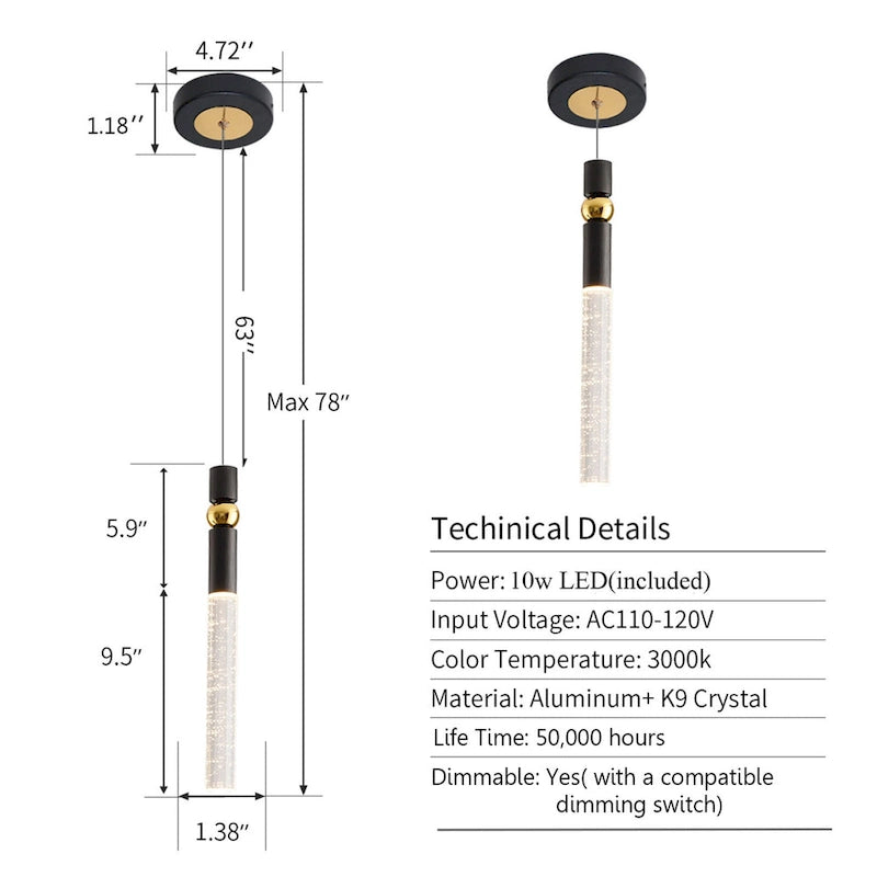 Suspension à une lumière en cristal à bulles, luminaire suspendu pour cuisine
