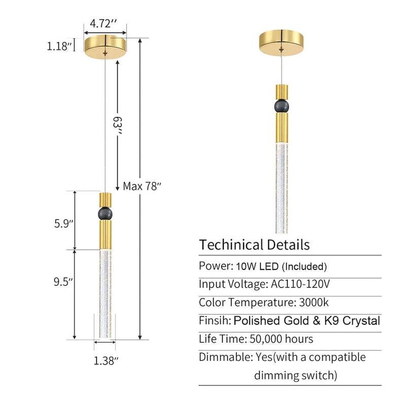 Suspension à une lumière en cristal à bulles, luminaire suspendu pour cuisine