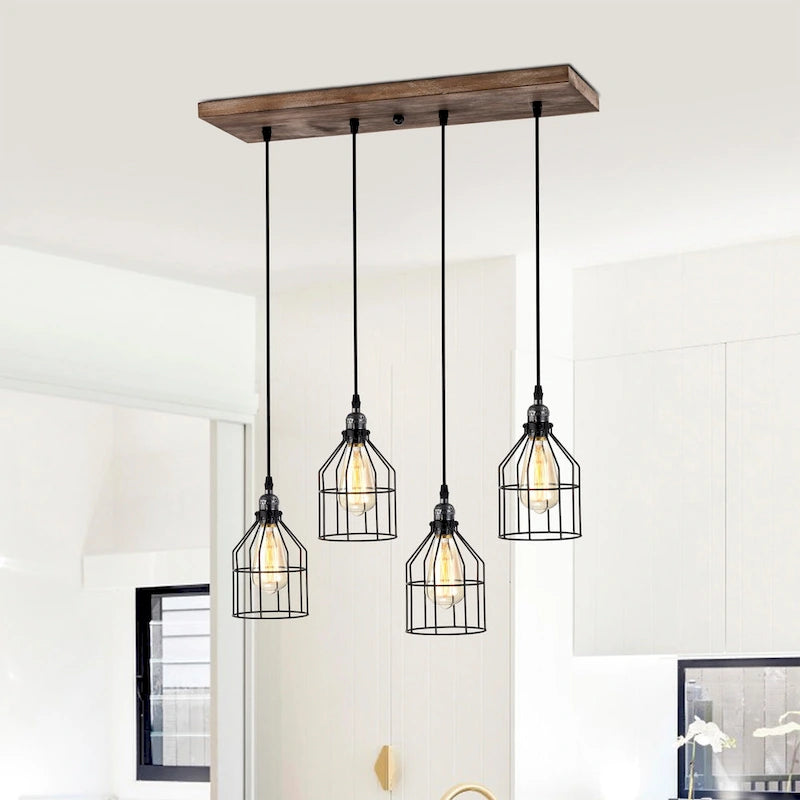 Malai Farmhouse Kitchen Island Chandelier Wood Grain Finish Metal Matte Black Lighting - Matte Black and Wood Grain