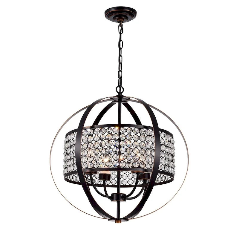 Suspension Elizabeth à 4 lumières en bronze huilé avec abat-jour en cristal