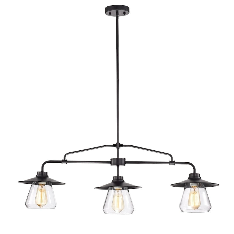 Lustre linéaire Temet noir mat à 3 lampes avec abat-jour en verre à capuchon