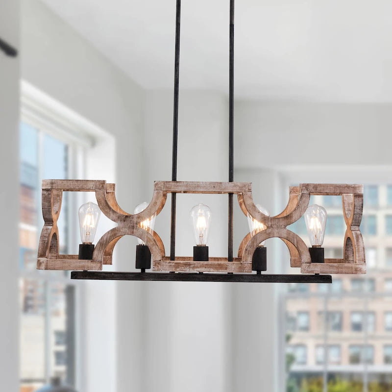Oaks Aura French Country 5-Light Linear Wood Chandelier Rustic Wood Kitchen Island Light