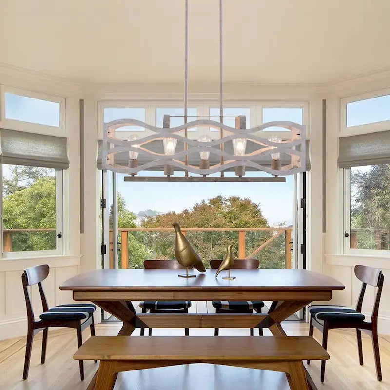 Lustre linéaire en bois Oaks Aura style campagne française à 5 lumières, luminaire rustique pour îlot de cuisine.