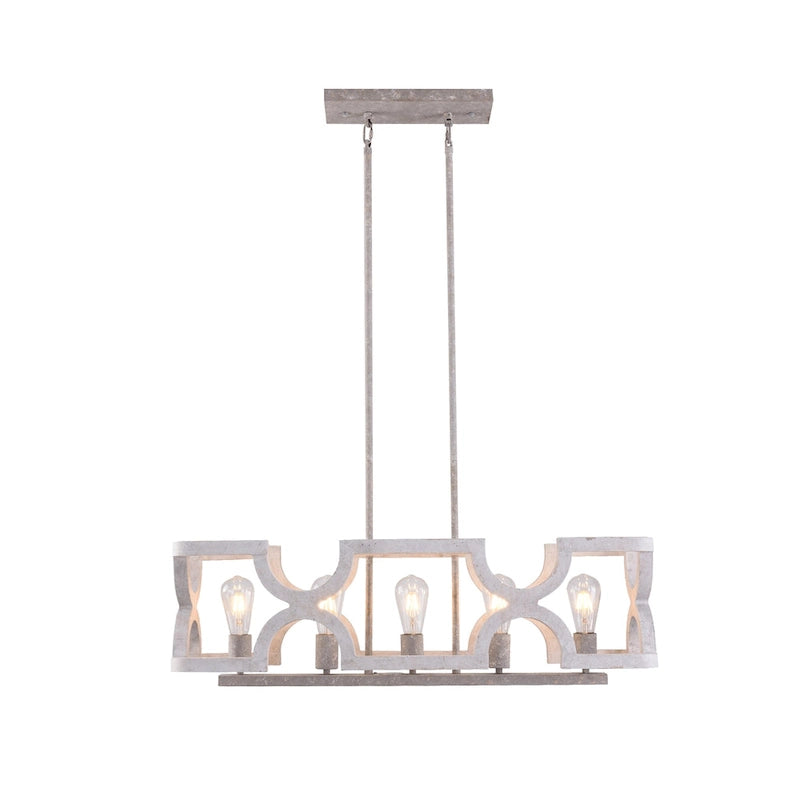 Lustre linéaire en bois Oaks Aura style campagne française à 5 lumières, luminaire rustique pour îlot de cuisine.