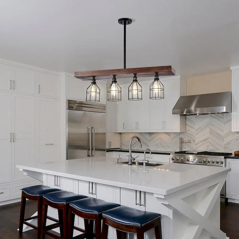 Lustre d'îlot de cuisine Malli Farmhouse, finition bois, métal noir mat - Noir mat et aspect bois