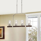 Brushed Nickel and Wood 4-Light Linear Island Lighting with Seedy Glass - Brushed Nickel and Wood