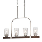 Luminaire linéaire à 4 lumières pour îlot central, en nickel brossé et bois, avec verre bullé.