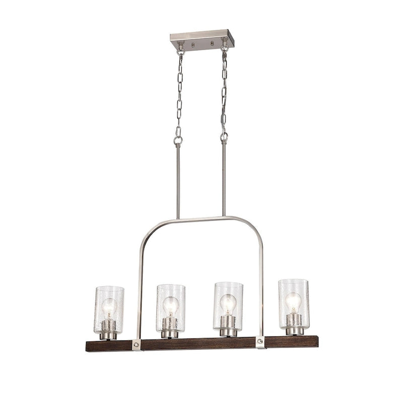 Luminaire linéaire à 4 lumières pour îlot central, en nickel brossé et bois, avec verre bullé.