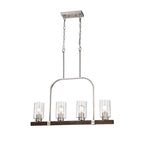 Luminaire linéaire à 4 lumières pour îlot central, en nickel brossé et bois, avec verre bullé.