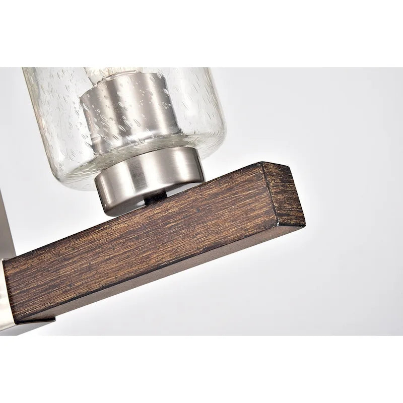 Luminaire linéaire à 4 lumières pour îlot central, en nickel brossé et bois, avec verre bullé.