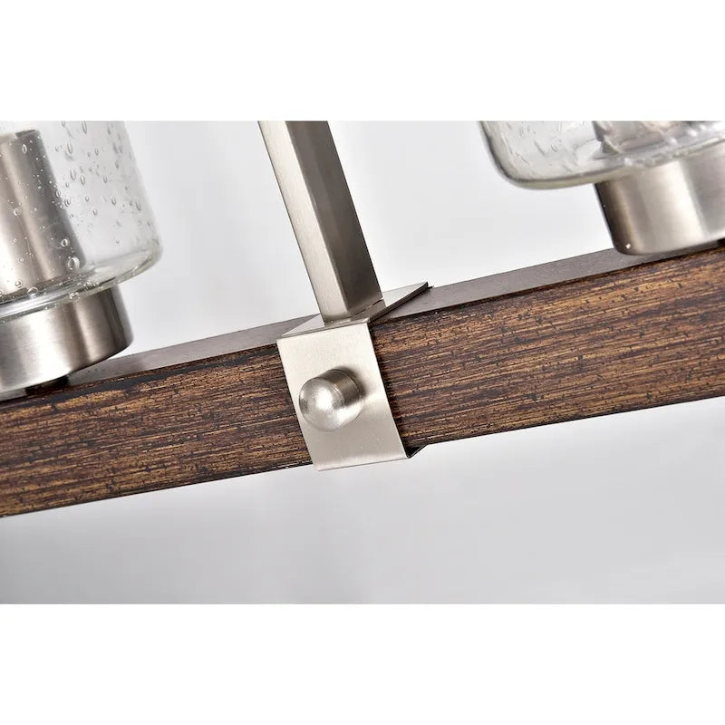 Luminaire linéaire à 4 lumières pour îlot central, en nickel brossé et bois, avec verre bullé.