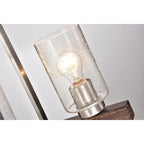 Luminaire linéaire à 4 lumières pour îlot central, en nickel brossé et bois, avec verre bullé.