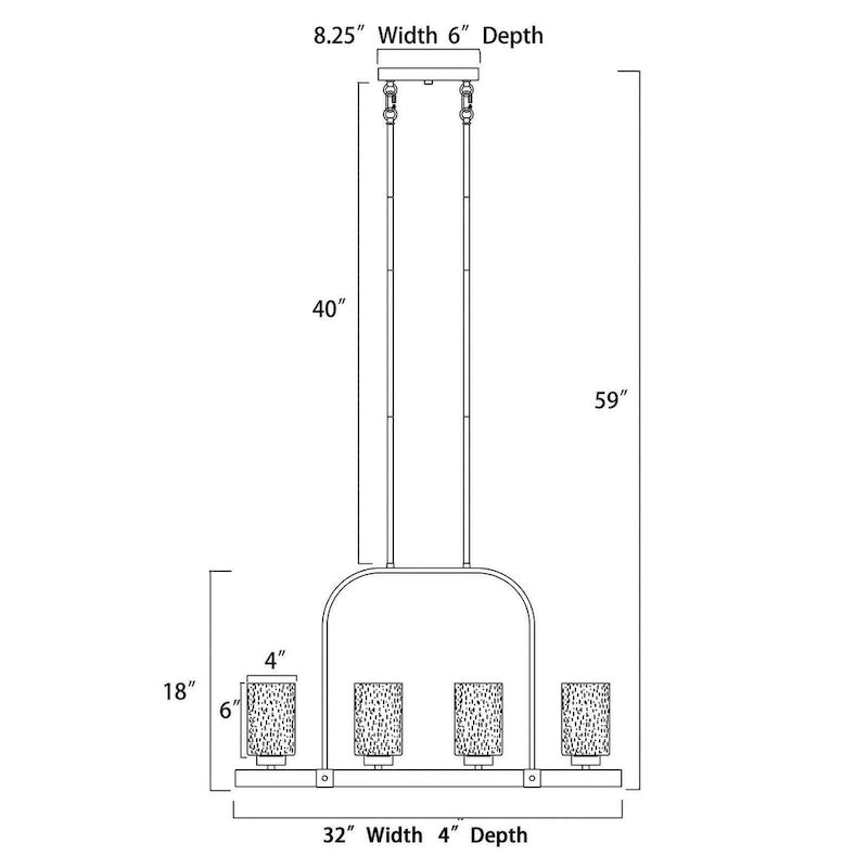 Luminaire linéaire à 4 lumières pour îlot central, en nickel brossé et bois, avec verre bullé.