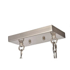 Luminaire linéaire à 4 lumières pour îlot central, en nickel brossé et bois, avec verre bullé.