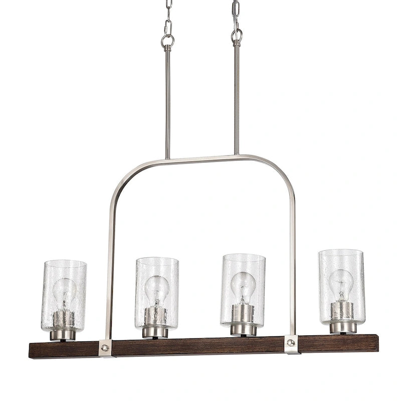 Luminaire linéaire à 4 lumières pour îlot central, en nickel brossé et bois, avec verre bullé.