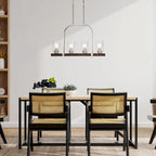 Luminaire linéaire à 4 lumières pour îlot central, en nickel brossé et bois, avec verre bullé.