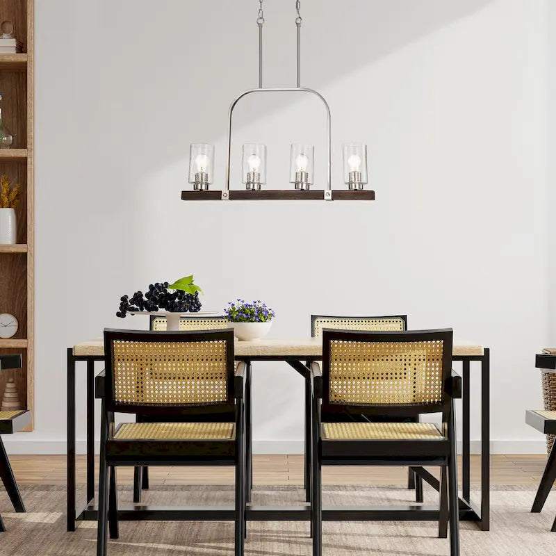 Luminaire linéaire à 4 lumières pour îlot central, en nickel brossé et bois, avec verre bullé.