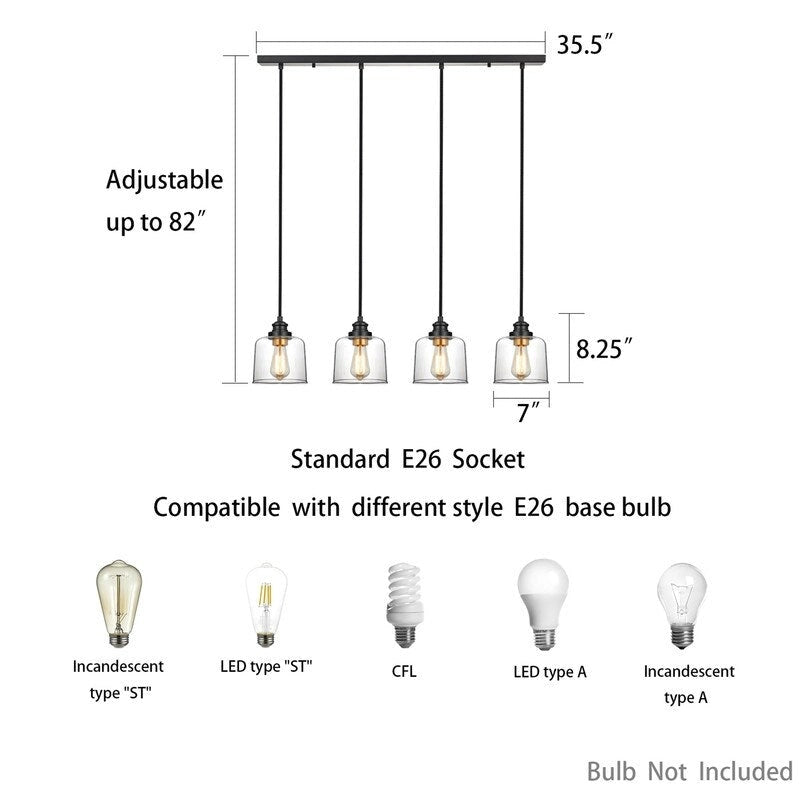 Suspension linéaire KAWOTI à 4 lumières pour îlot de cuisine avec abat-jour en verre