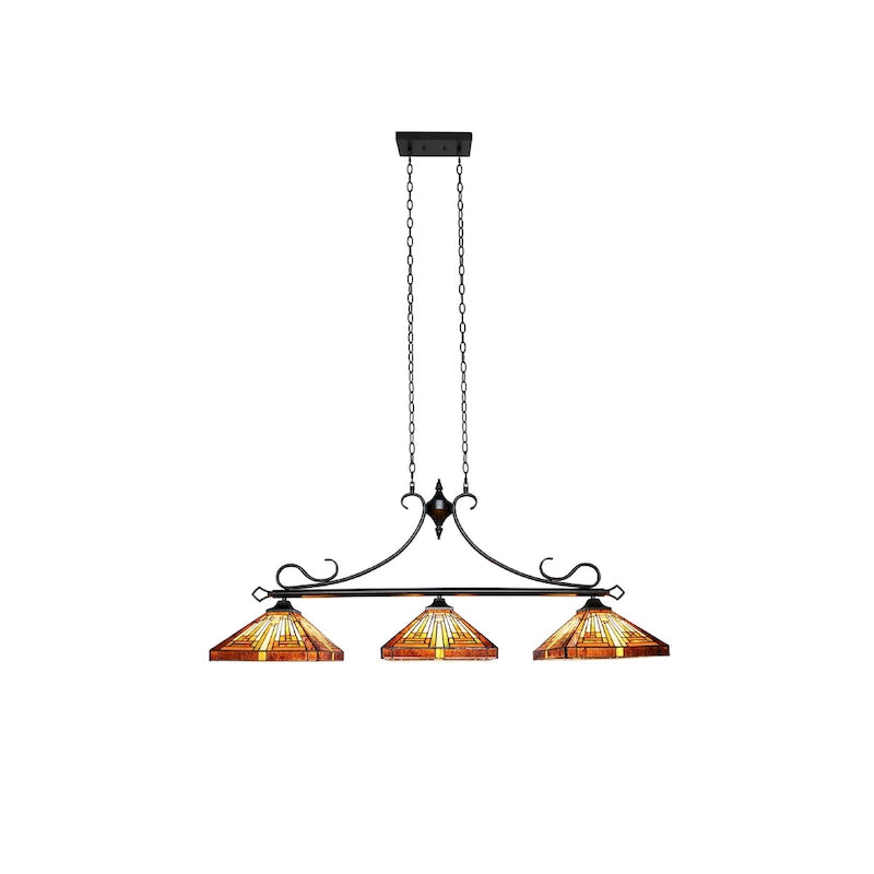 Luminaire linéaire à 3 lumières de style Tiffany et design Mission pour îlot central