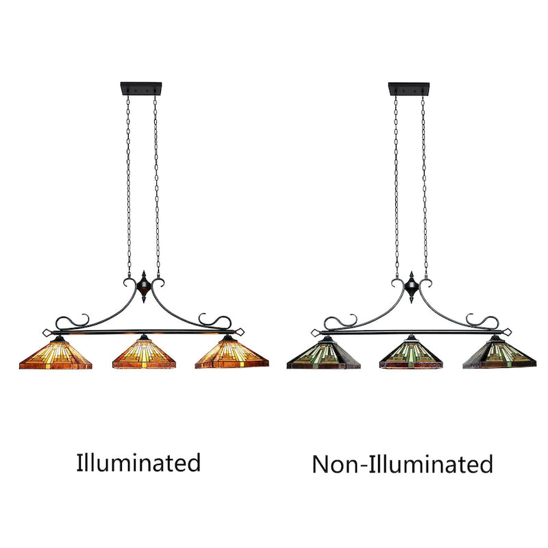 Luminaire linéaire à 3 lumières de style Tiffany et design Mission pour îlot central