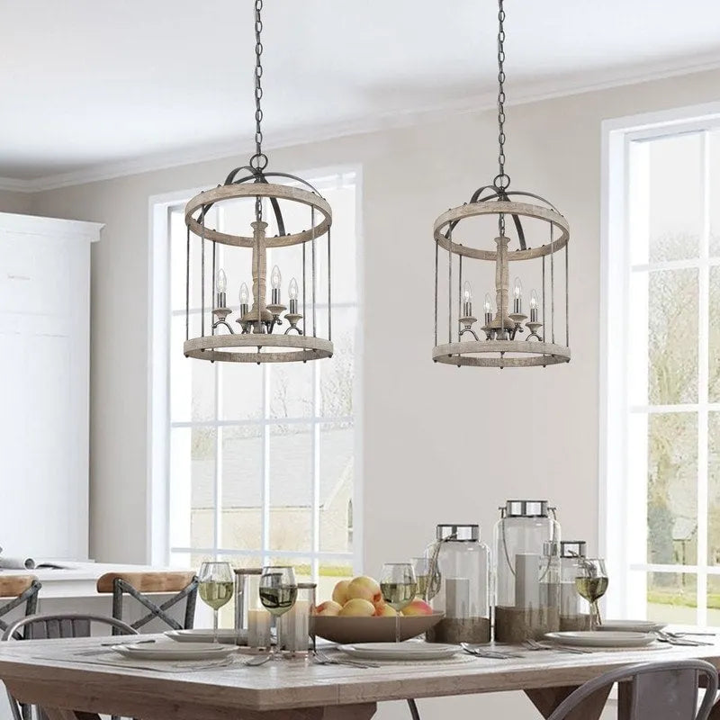 Modern Farmhouse 4-Light Wood Chandelier Cage Pendant Lights for Dining Room - D16  x H22.5 