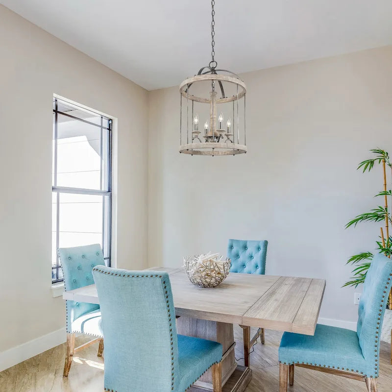 Lustre suspendu moderne de style ferme à 4 lumières en bois, style cage, pour salle à manger - D16 x H22,5