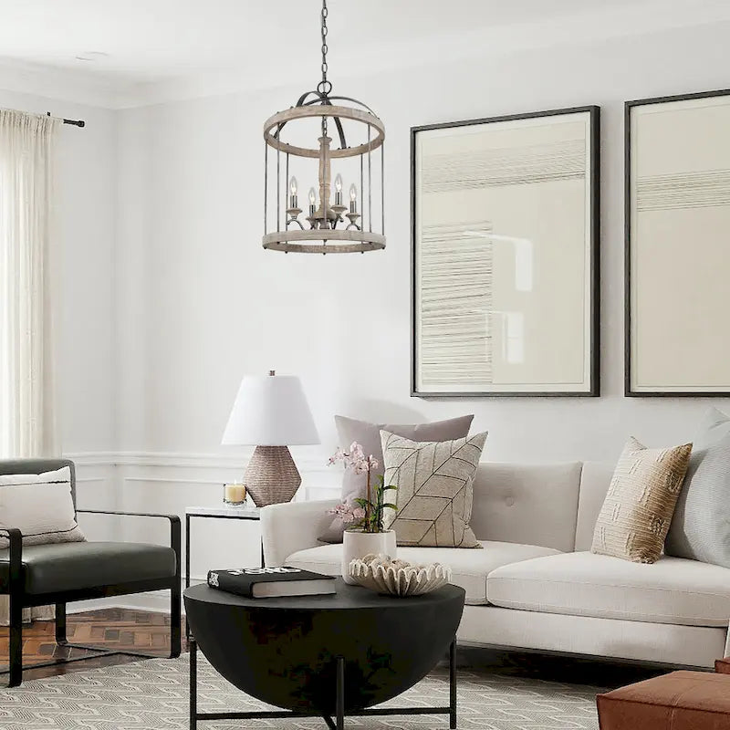 Lustre suspendu moderne de style ferme à 4 lumières en bois, style cage, pour salle à manger - D16 x H22,5