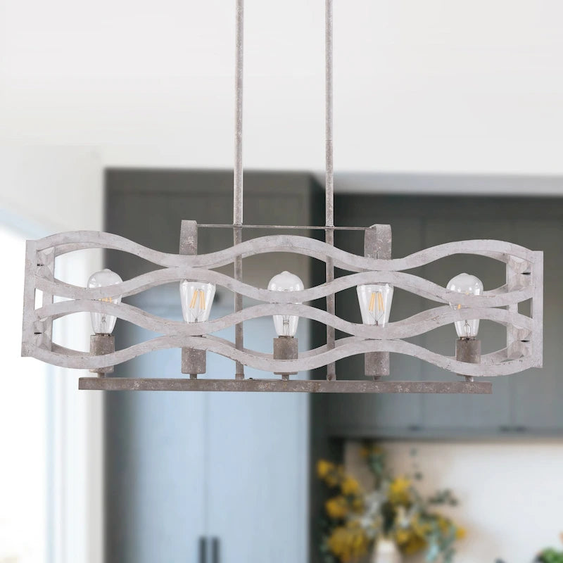 Lustre linéaire à 5 lumières Oaks Aura Farmhouse en bois style shabby chic, suspension rustique en bois pour îlot de cuisine