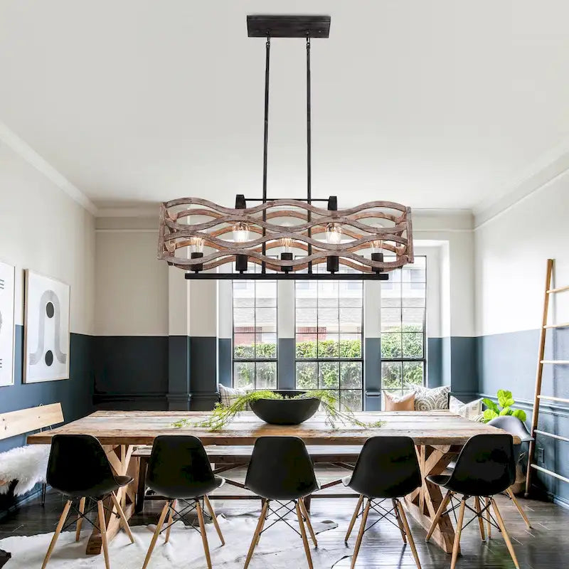 Lustre linéaire à 5 lumières Oaks Aura Farmhouse en bois style shabby chic, suspension rustique en bois pour îlot de cuisine