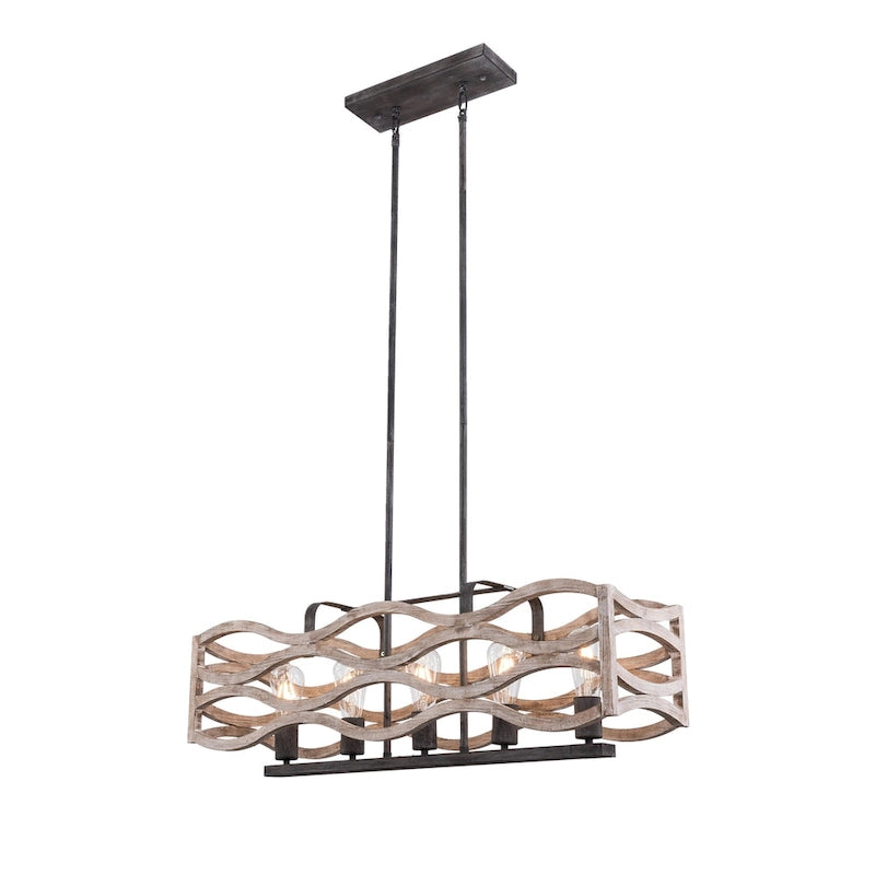 Lustre linéaire à 5 lumières Oaks Aura Farmhouse en bois style shabby chic, suspension rustique en bois pour îlot de cuisine