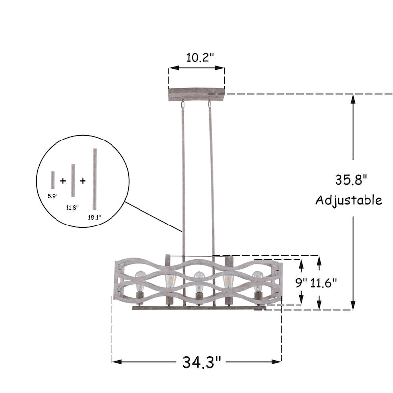 Lustre linéaire à 5 lumières Oaks Aura Farmhouse en bois style shabby chic, suspension rustique en bois pour îlot de cuisine