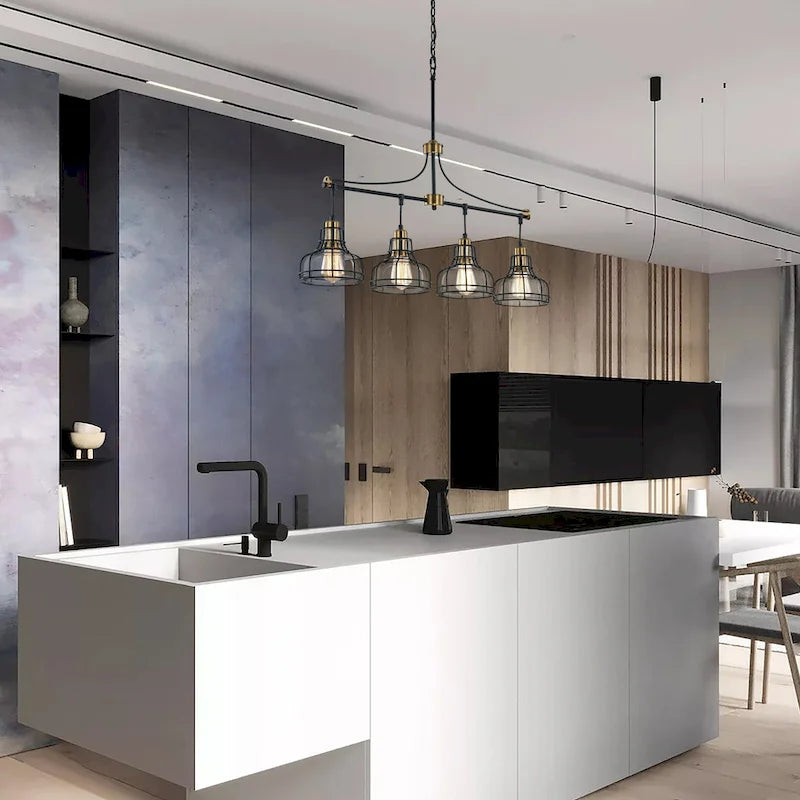 Luminaire linéaire à 4 lumières noir et or antique pour îlot de cuisine