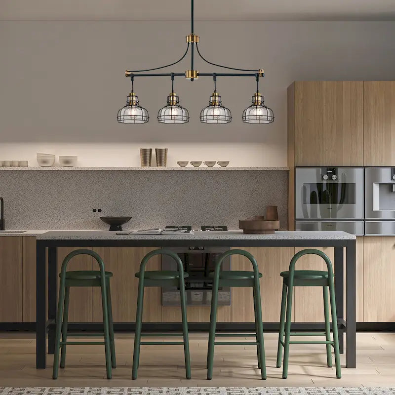 Luminaire linéaire à 4 lumières noir et or antique pour îlot de cuisine