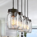 Farmhouse 5-Light Linear Glass Chandelier Wood Canopy Island Lights
