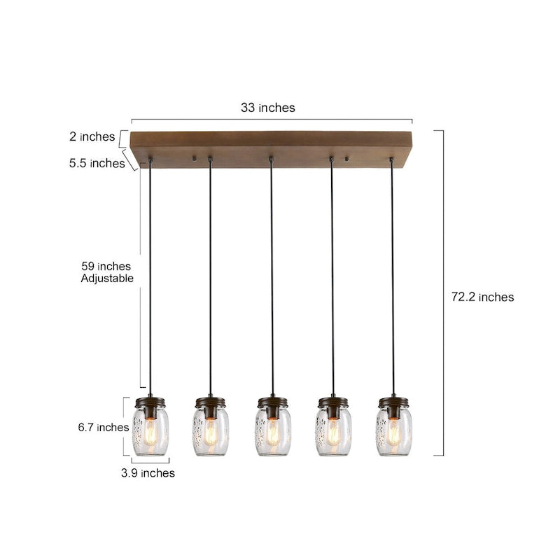 Lustre linéaire en verre à 5 lumières de style campagnard avec rosace en bois et luminaires d'îlot.