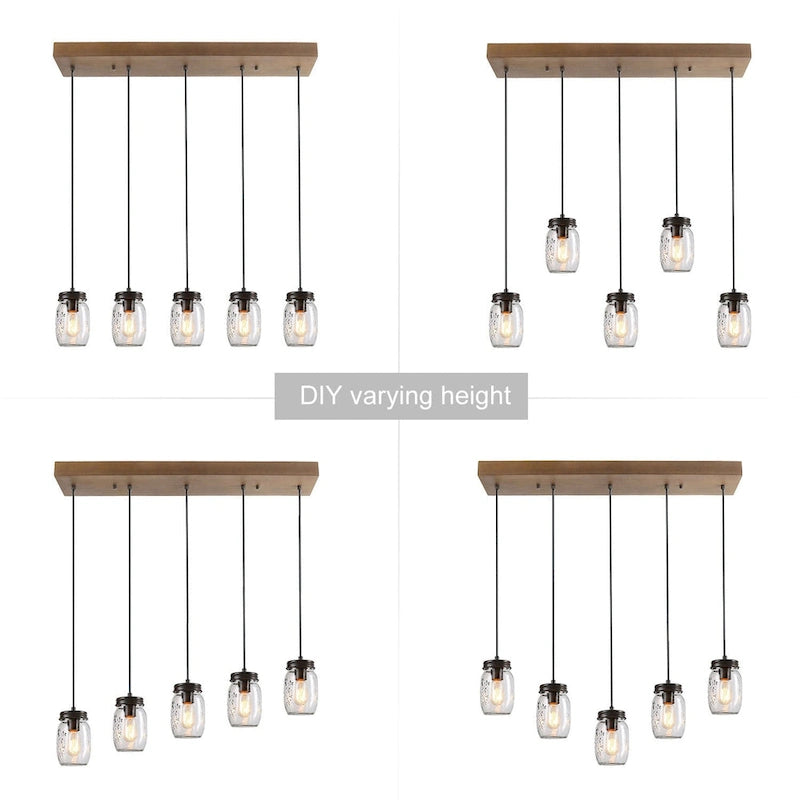 Lustre linéaire en verre à 5 lumières de style campagnard avec rosace en bois et luminaires d'îlot.