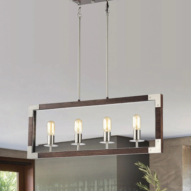 Brushed Nickel and Wood 4-Light Linear Island Lighting - Brushed Nickel and Wood