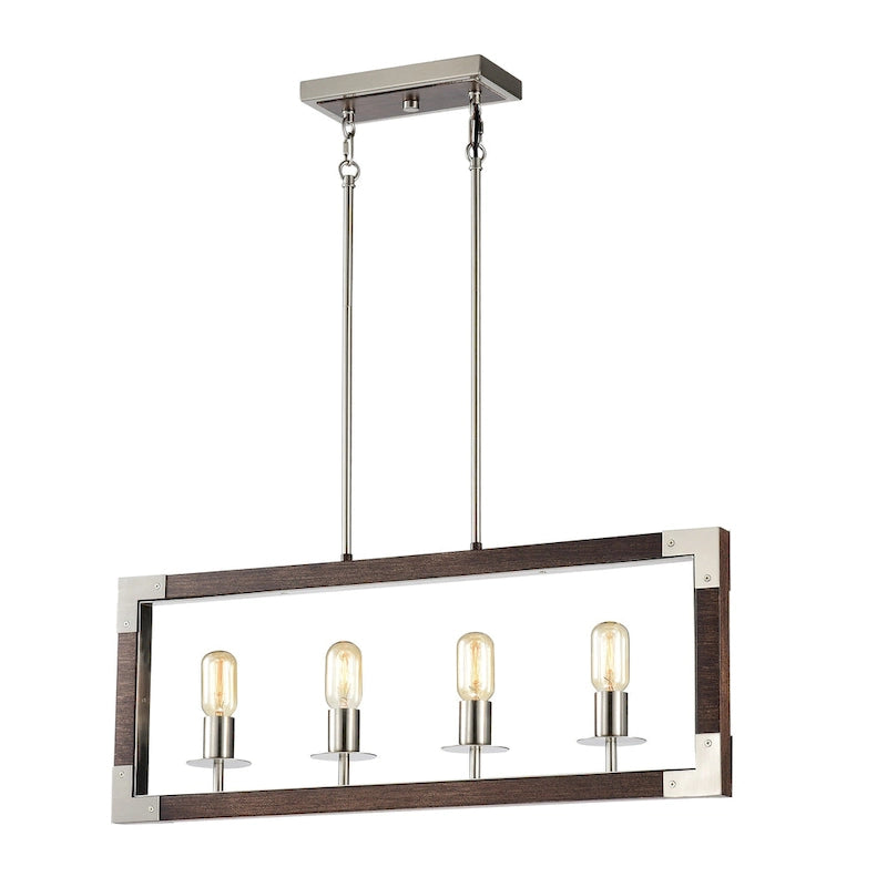 Luminaire linéaire à 4 lumières pour îlot central, en nickel brossé et bois - Nickel brossé et bois