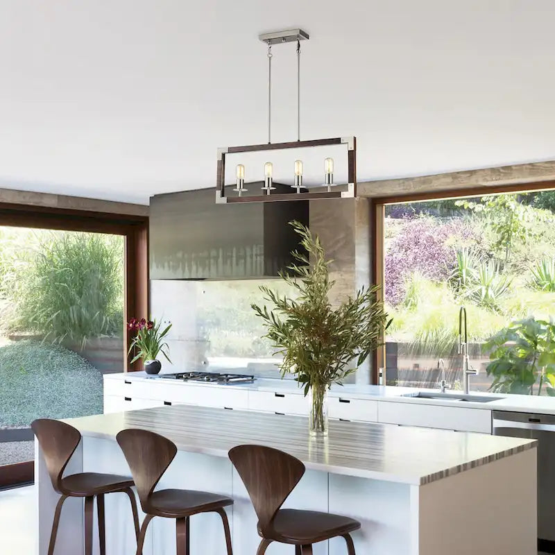 Luminaire linéaire à 4 lumières pour îlot central, en nickel brossé et bois - Nickel brossé et bois