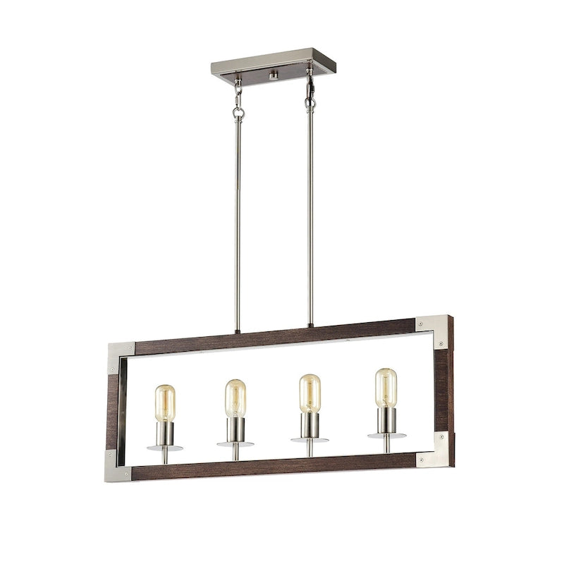 Luminaire linéaire à 4 lumières pour îlot central, en nickel brossé et bois - Nickel brossé et bois
