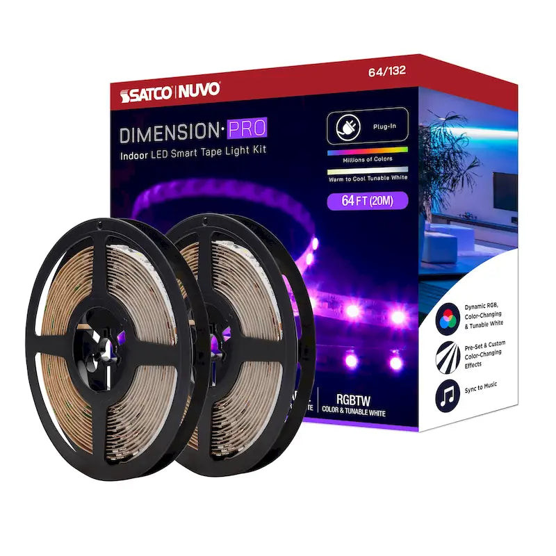 Bande lumineuse Dimension Pro Tape de 19,5 m (64 pi) à haut rendement RGB et blanc réglable. Connexion par prise. Compatible IoT. Télécommande infrarouge Starfish incluse.